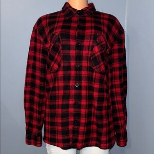 Red and Black Plaid Button-Up Flannel Shirt - Size XL